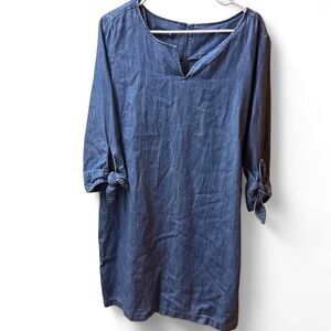 Talbots Petite Chambray Denim Shift Dress Large Tie Sleeve Casual Blue